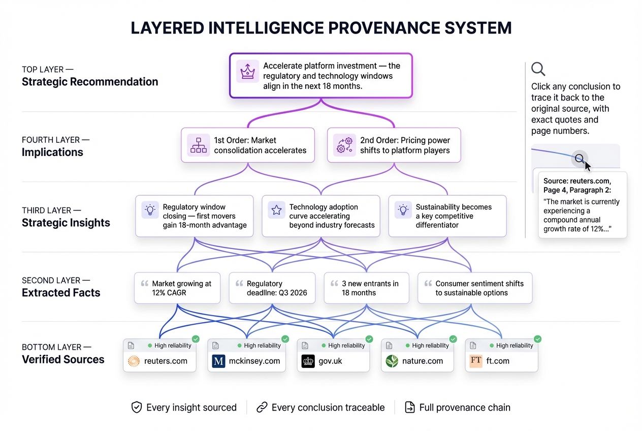 Intelligence provenance system — trace any conclusion back to its original verified source